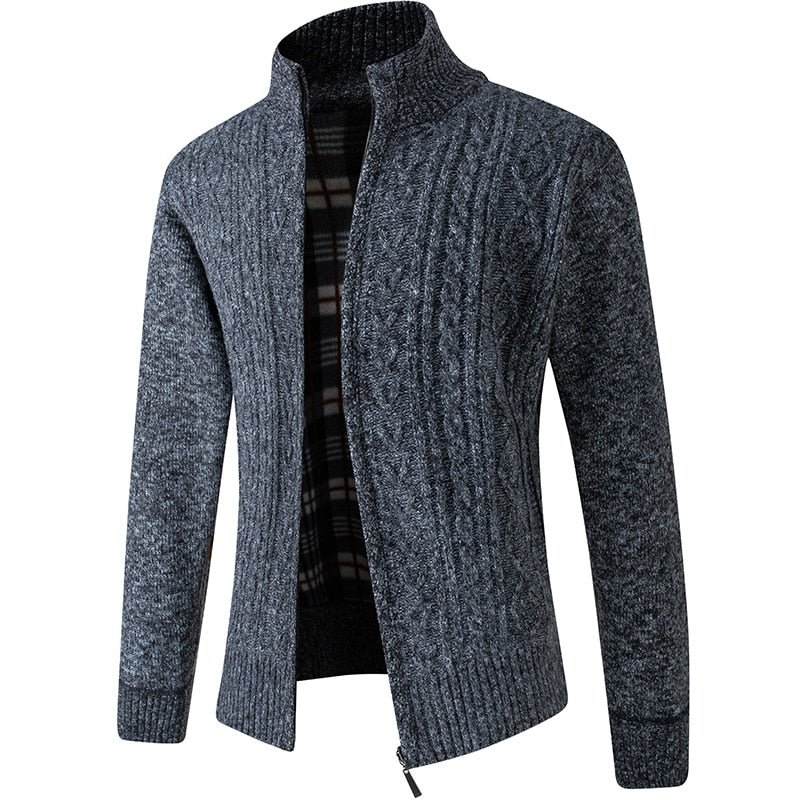 Lined Knitted Zip-Up Jacket for Men - Victor-Patterned Dark Grey-M-State of Style