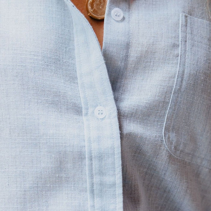 Linen-cotton ladies' shirt with chest pocket & stand-up collar – Malani-Blue-S-State of Style