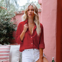 Linen-cotton ladies' shirt with chest pocket & stand-up collar – Malani-Red-S-State of Style