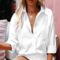 Linen-cotton ladies' shirt with chest pocket & stand-up collar – Malani-White-S-State of Style