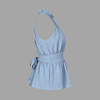 Livia - Embroidered Halter Neck Peplum Top-S-State of Style
