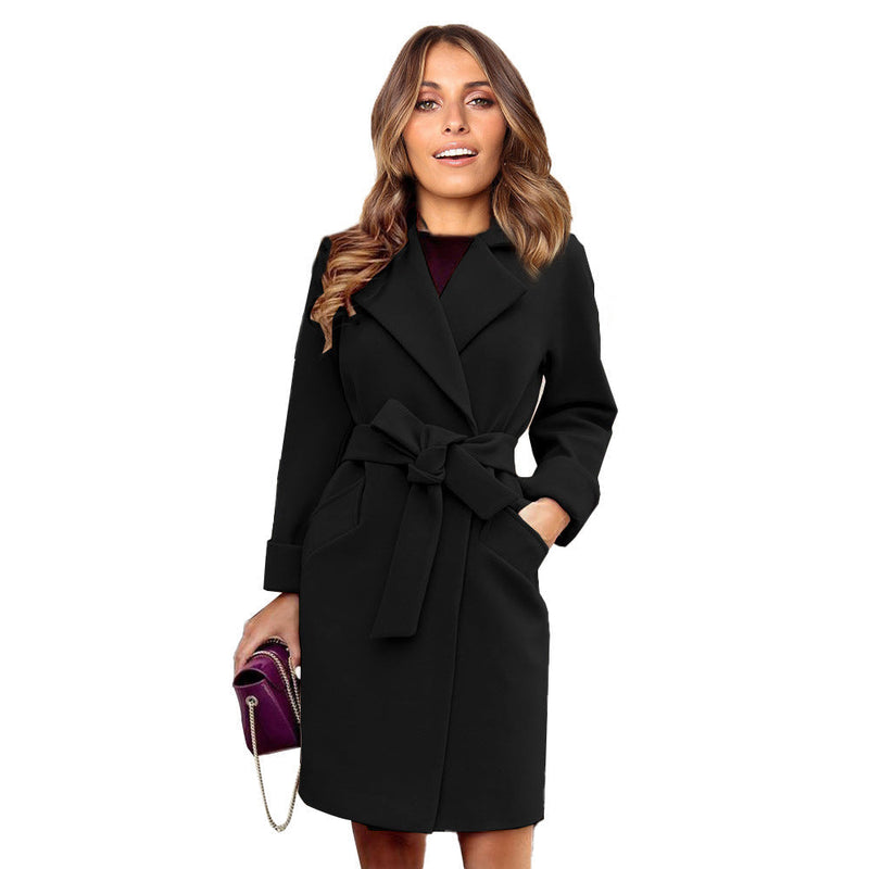 Long Double-Breasted Wool-Look Coat for Women - Elise-Black-S-State of Style
