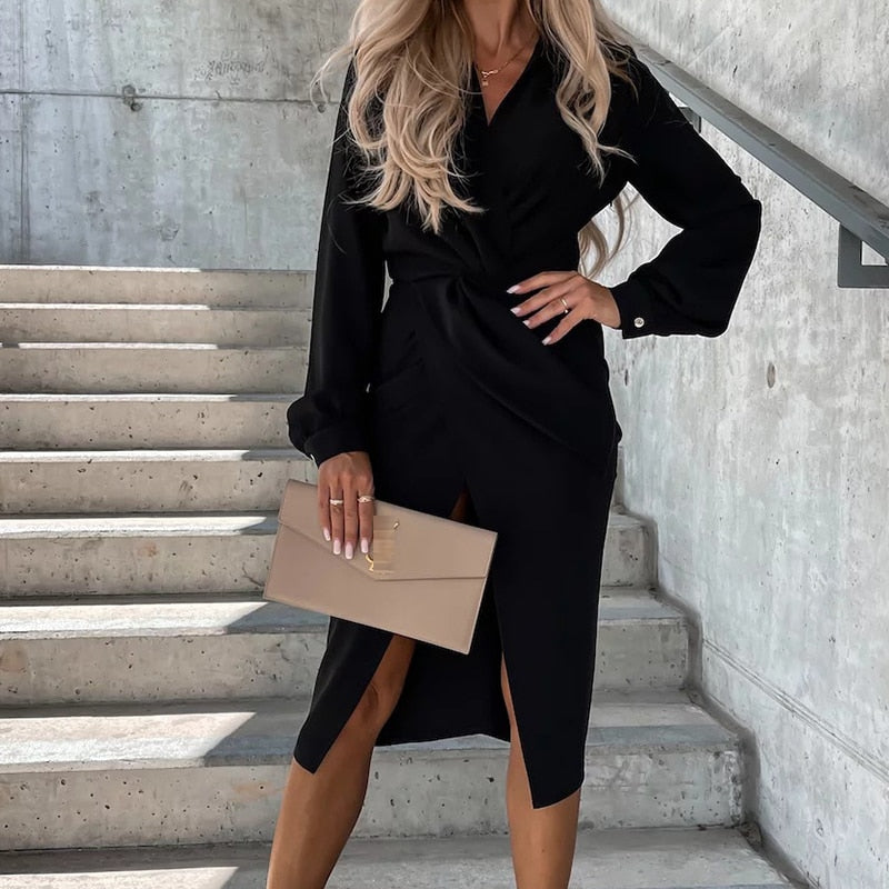 Long-Sleeve V-Neck Dress for Women | Elegant and Comfortable-White-S-State of Style