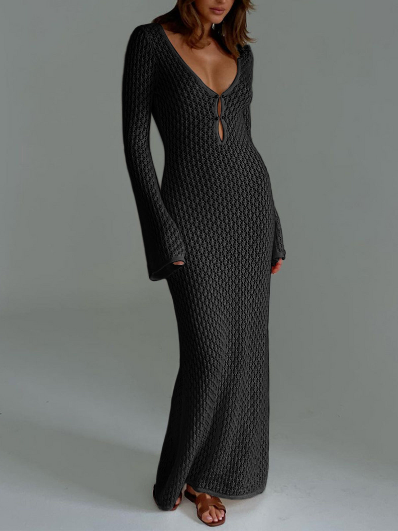 Long women's beach dress with back cutout and V-neck – Celina-Black-XS-State of Style