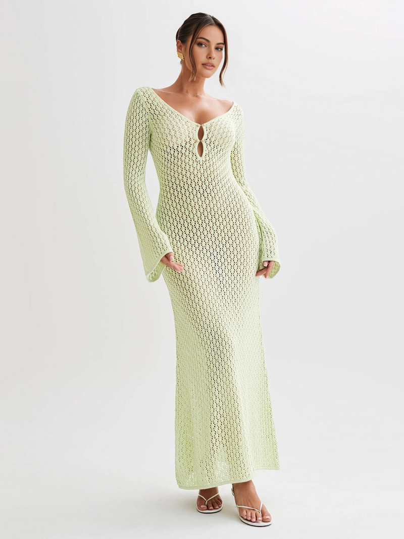 Long women's beach dress with back cutout and V-neck – Celina-Light green-XS-State of Style