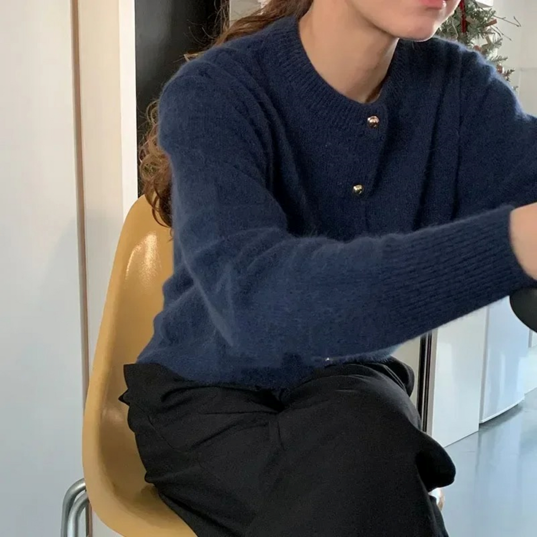 Loose Knit Women's Cardigan with Round Neck - Sophie-Navy Blue-S-State of Style