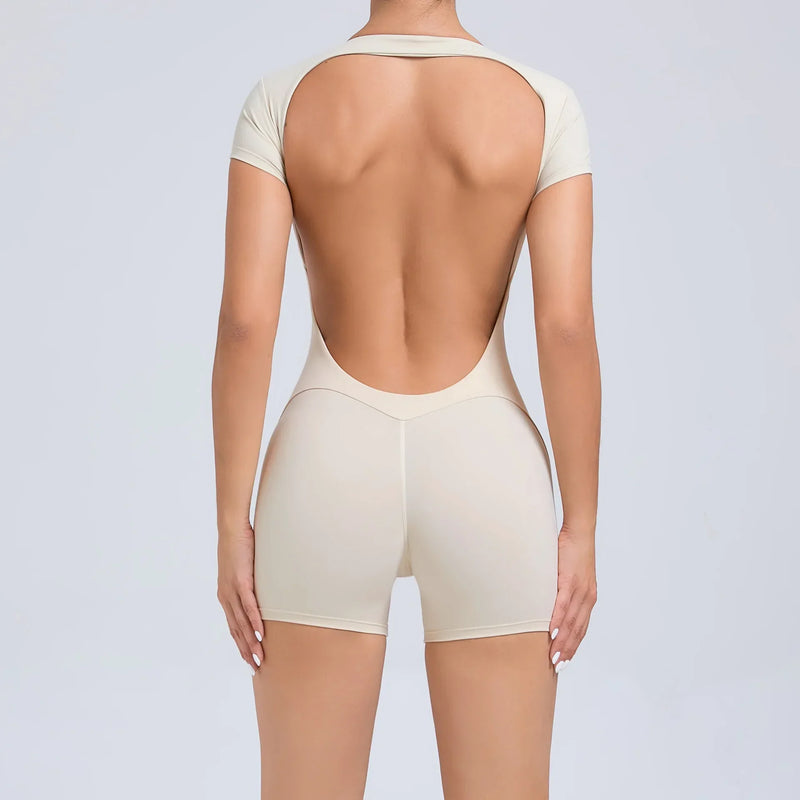 Luna Yoga Jumpsuit with Breathable & Flexible Design-Beige Short-S-State of Style
