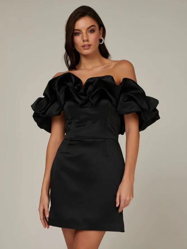 Luxe Satin Dress with Ruffles - Elise-Black-S-State of Style