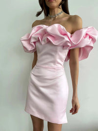 Luxe Satin Dress with Ruffles - Elise-Pink-S-State of Style
