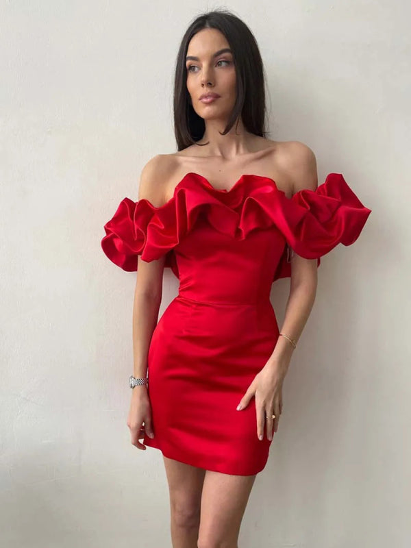 Luxe Satin Dress with Ruffles - Elise-Red-S-State of Style