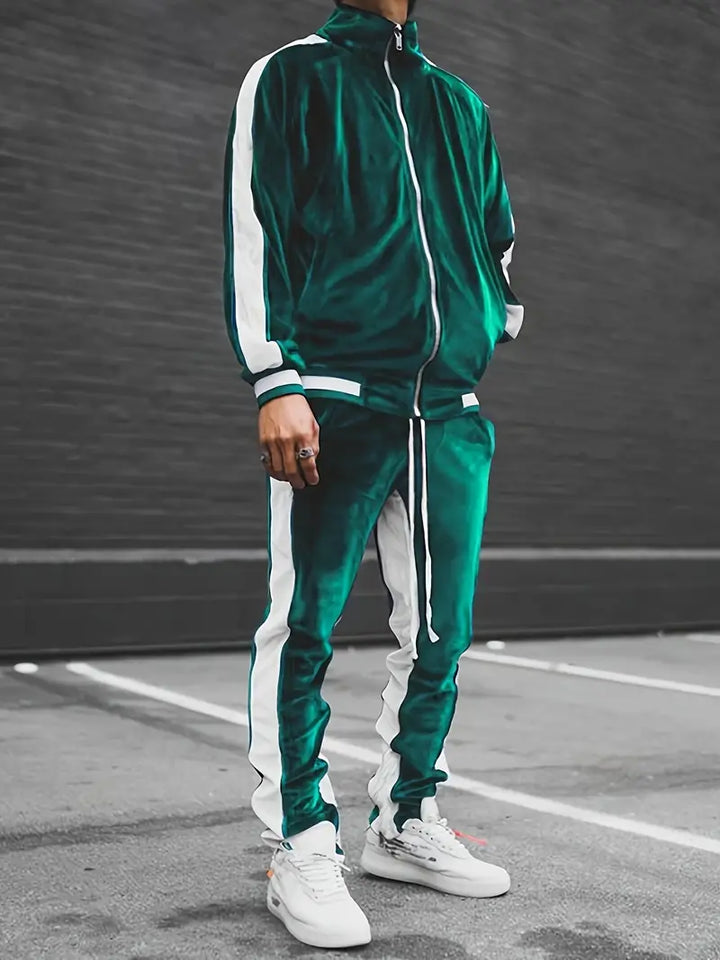 Luxe Velvet Tracksuit with Zipper for Men - Mason-Green-S-State of Style