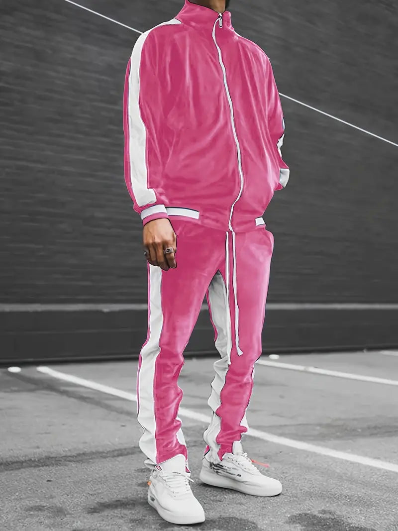 Luxe Velvet Tracksuit with Zipper for Men - Mason-Pink-S-State of Style