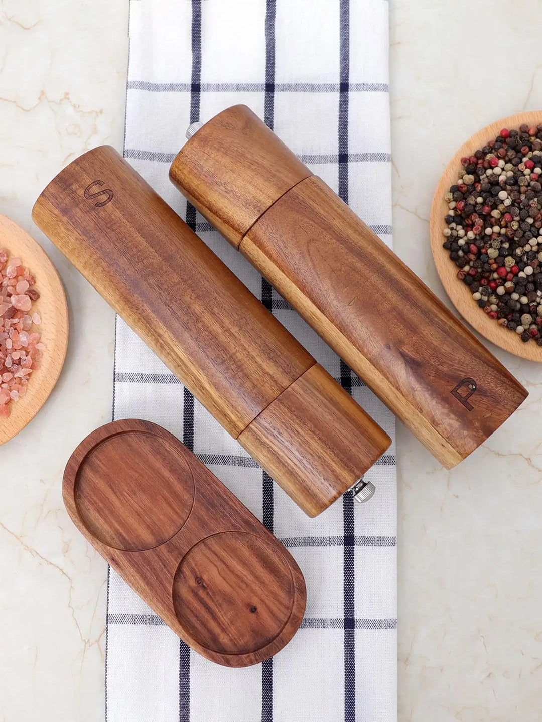 Luxe Wooden Salt & Pepper Grinder Set with Tray - WoodSpice-State of Style