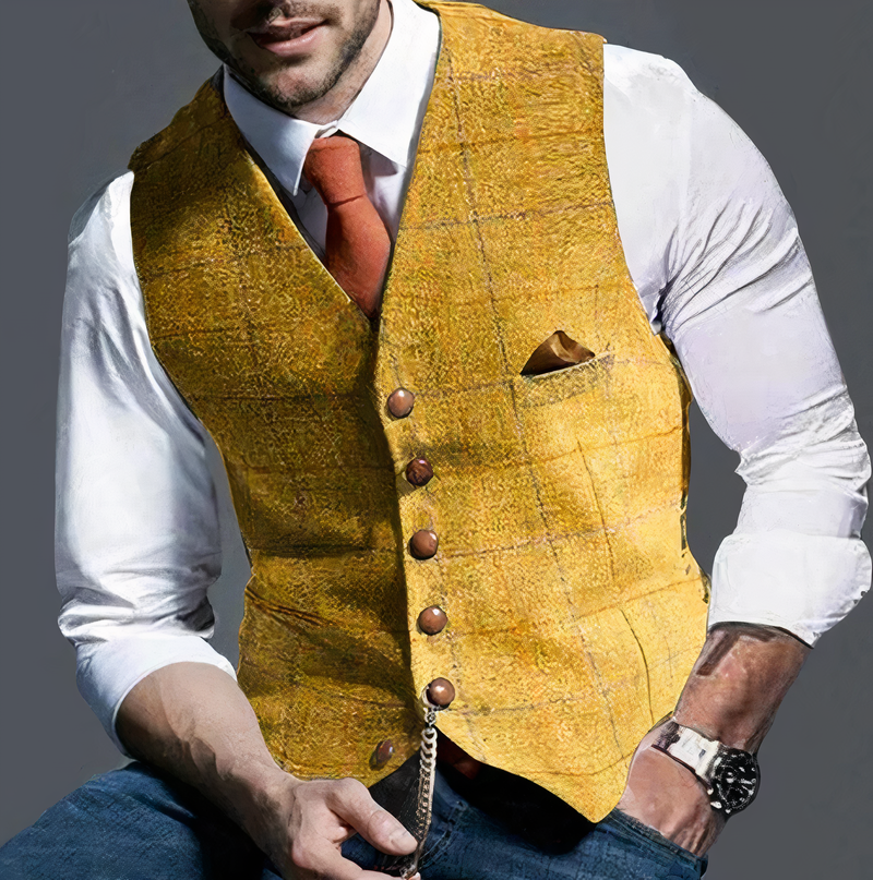 Luxurious Checked Men's Waistcoat - Edward-Yellow-S-State of Style