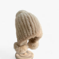 Luxurious Weasel Fur Hat with Fox Fur Pom-Pom - Valeria-Beige-Elastic band-State of Style