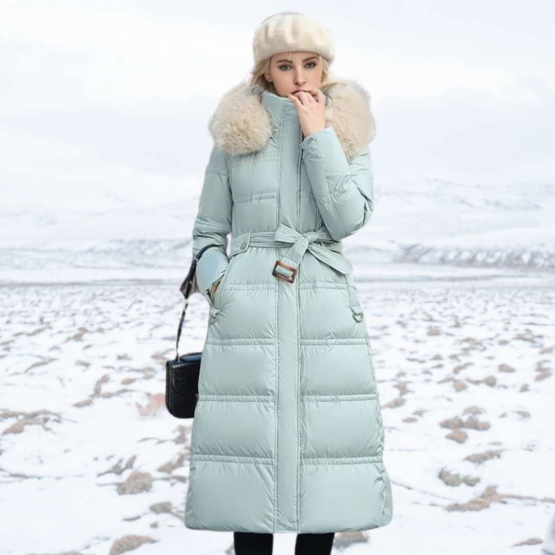 Luxury Faux Fur Winter Coat for Women - Amara-Light blue with beige collar-S-State of Style