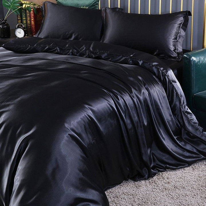 Luxury Silk/Satin Bedding Set (4-Piece) - SilkSleep-150cm Fitted Sheet + Duvet 200x230cm + 2 Pillowcases-Black-State of Style