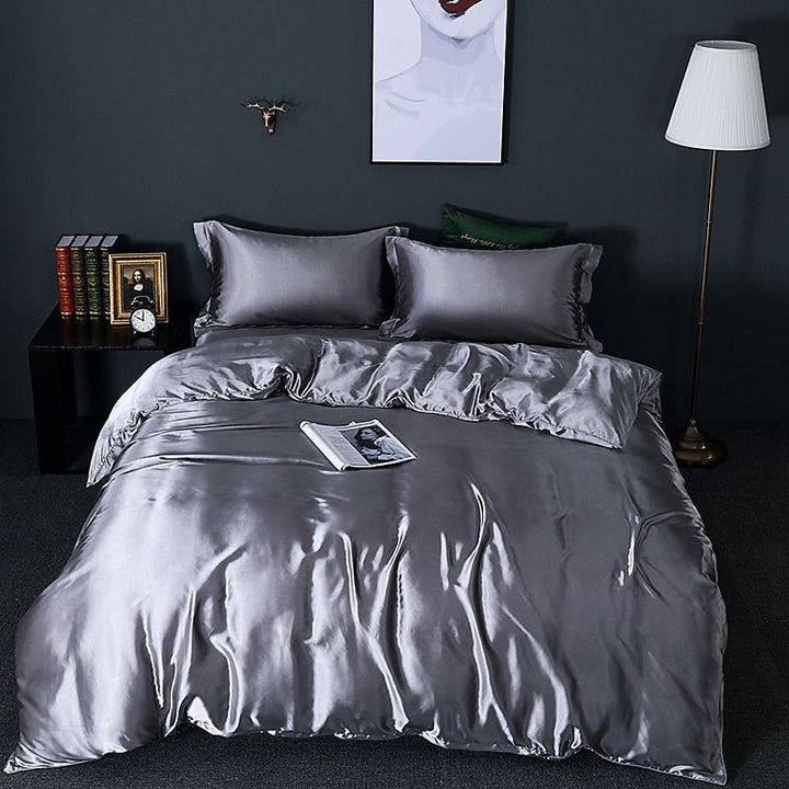 Luxury Silk/Satin Bedding Set (4-Piece) - SilkSleep-150cm Fitted Sheet + Duvet 200x230cm + 2 Pillowcases-Dark Silver-State of Style