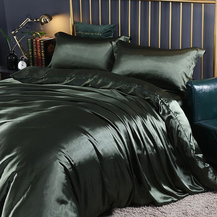 Luxury Silk/Satin Bedding Set (4-Piece) - SilkSleep-150cm Fitted Sheet + Duvet 200x230cm + 2 Pillowcases-Emerald Green-State of Style