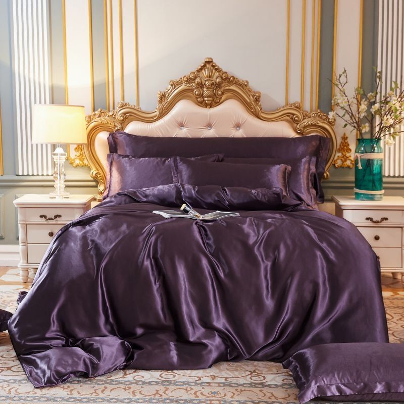 Luxury Silk/Satin Bedding Set (4-Piece) - SilkSleep-150cm Fitted Sheet + Duvet 200x230cm + 2 Pillowcases-Purple-State of Style