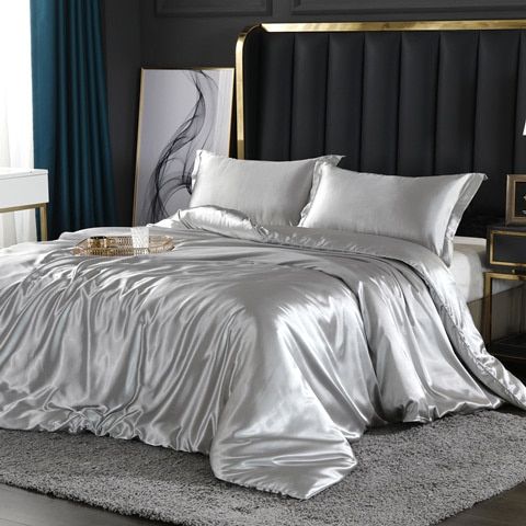 Luxury Silk/Satin Bedding Set (4-Piece) - SilkSleep-150cm Fitted Sheet + Duvet 200x230cm + 2 Pillowcases-Silver-State of Style
