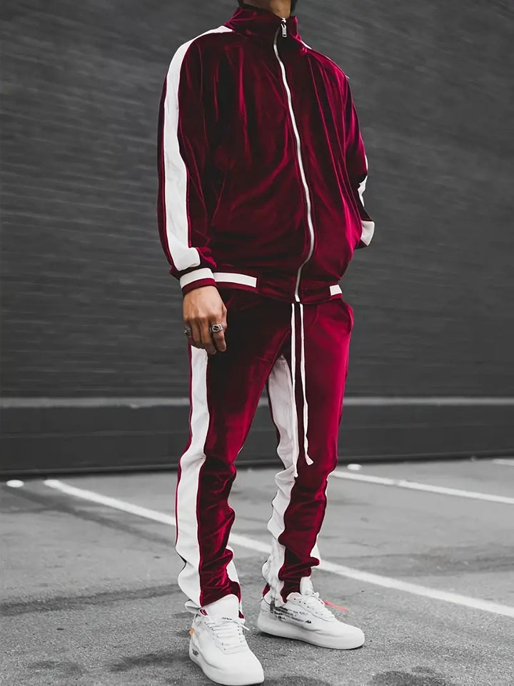 Luxury Velvet Tracksuit with Zip for Men - Mason-Burgundy-S-State of Style