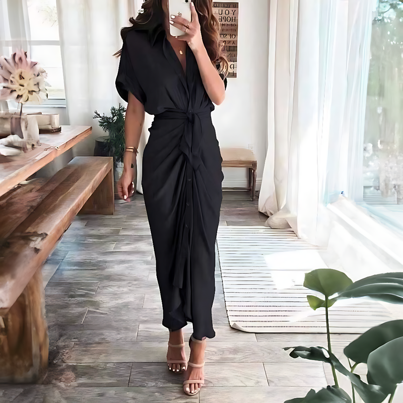 Maxi dress with ruffles and V-neck summer style women's fashion - Elina-Black-S-State of Style