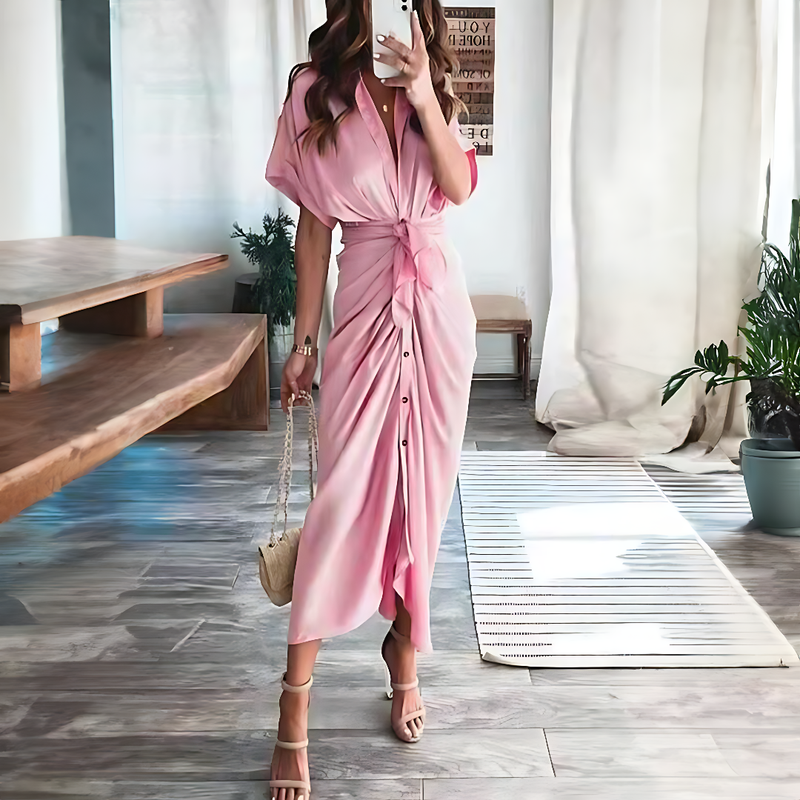 Maxi dress with ruffles and V-neck summer style women's fashion - Elina-Blue-S-State of Style