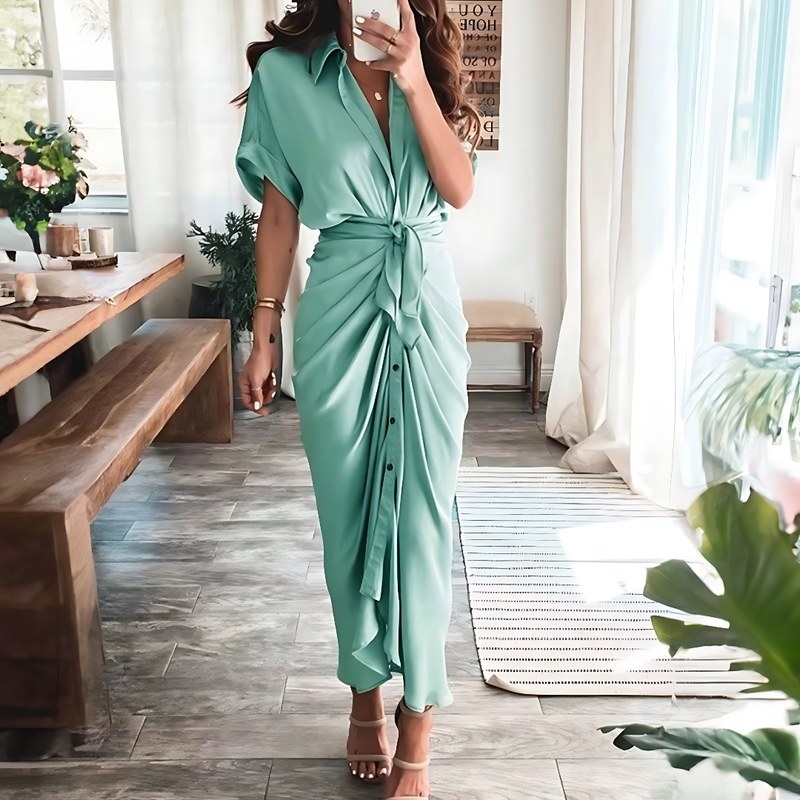Maxi dress with ruffles and V-neck summer style women's fashion - Elina-Dark green-S-State of Style