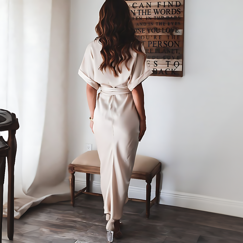Maxi dress with ruffles and V-neck summer style women's fashion - Elina-Gold-S-State of Style