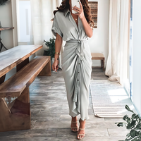 Maxi dress with ruffles and V-neck summer style women's fashion - Elina-Light grey-S-State of Style