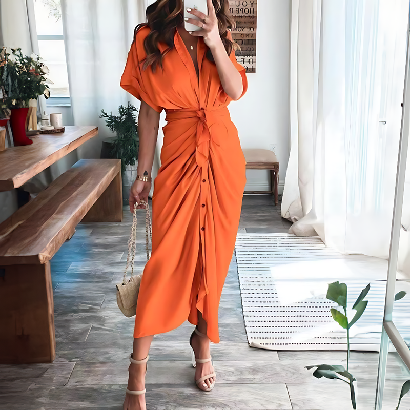 Maxi dress with ruffles and V-neck summer style women's fashion - Elina-Orange-S-State of Style