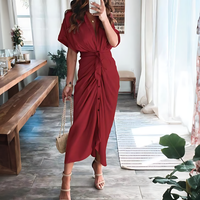 Maxi dress with ruffles and V-neck summer style women's fashion - Elina-Red-S-State of Style