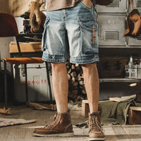 Men's Denim Cargo Shorts in Retro Motorcycle Style – Ronex-Denim Blue-S-State of Style