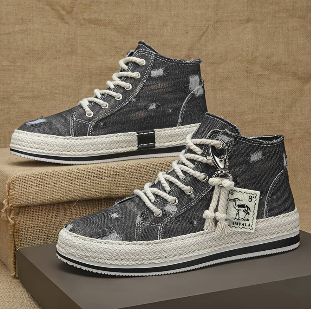 Men's High-Top Denim Sneakers with Grip Sole & Ankle Support – Jarek-Black-3.5-State of Style