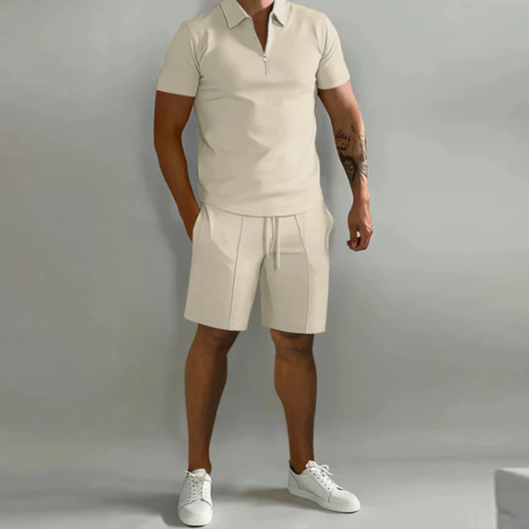 Men's sports set polo with zip and shorts summer style - Dario-Beige-S-State of Style