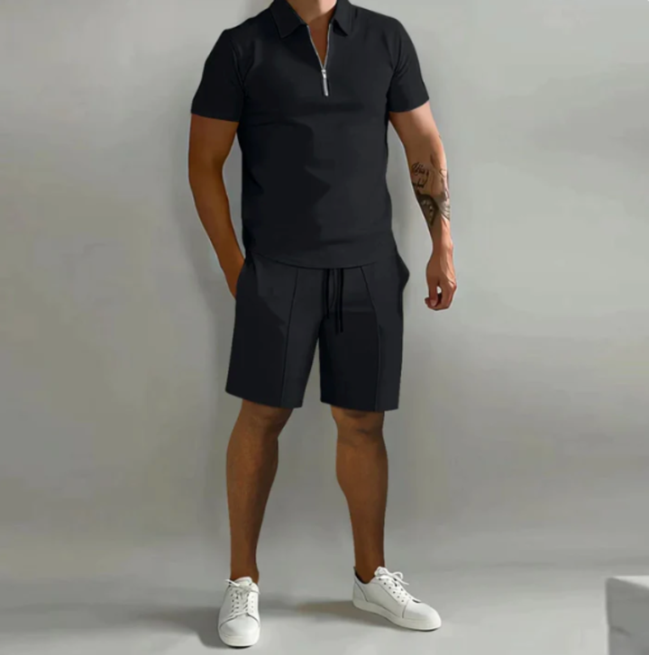 Men's sports set polo with zip and shorts summer style - Dario-Black-S-State of Style
