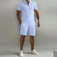 Men's sports set polo with zip and shorts summer style - Dario-Light blue-S-State of Style