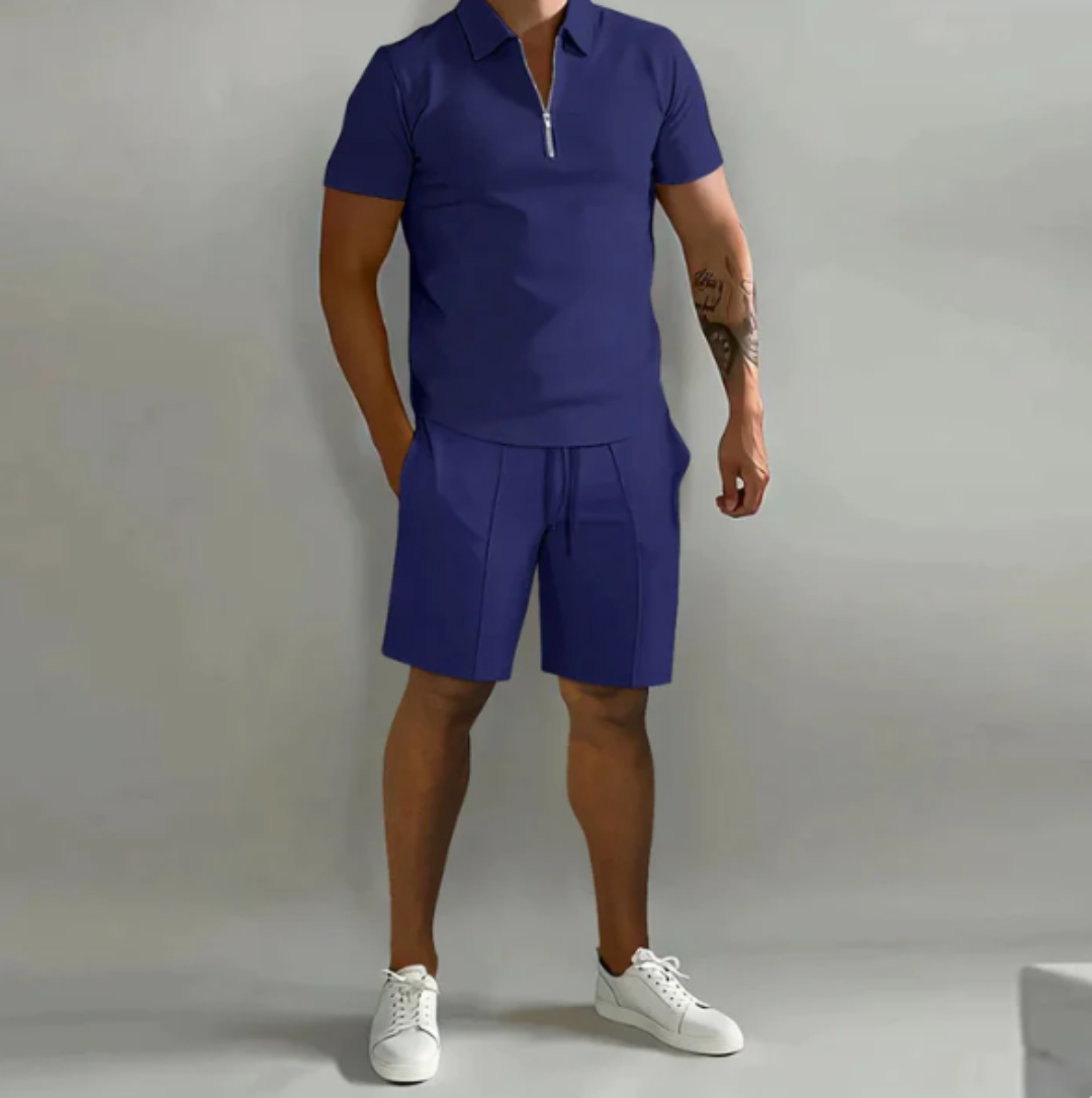 Men's sports set polo with zip and shorts summer style - Dario-Marine blue-S-State of Style