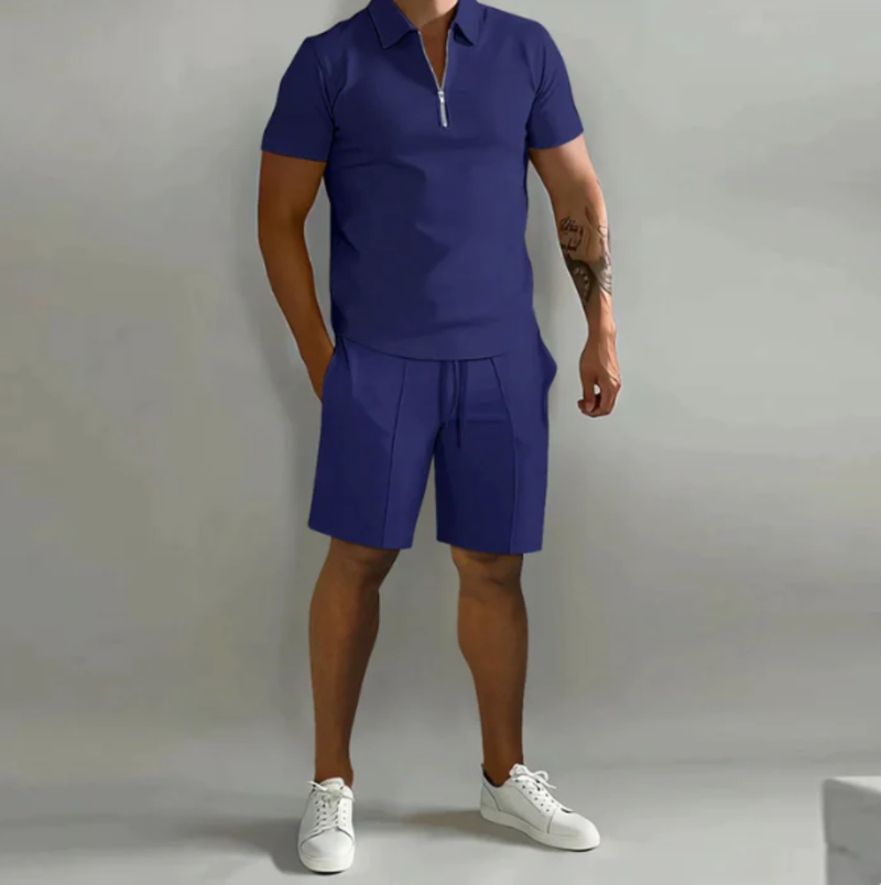 Men's sports set polo with zip and shorts summer style - Dario-Marine blue-S-State of Style
