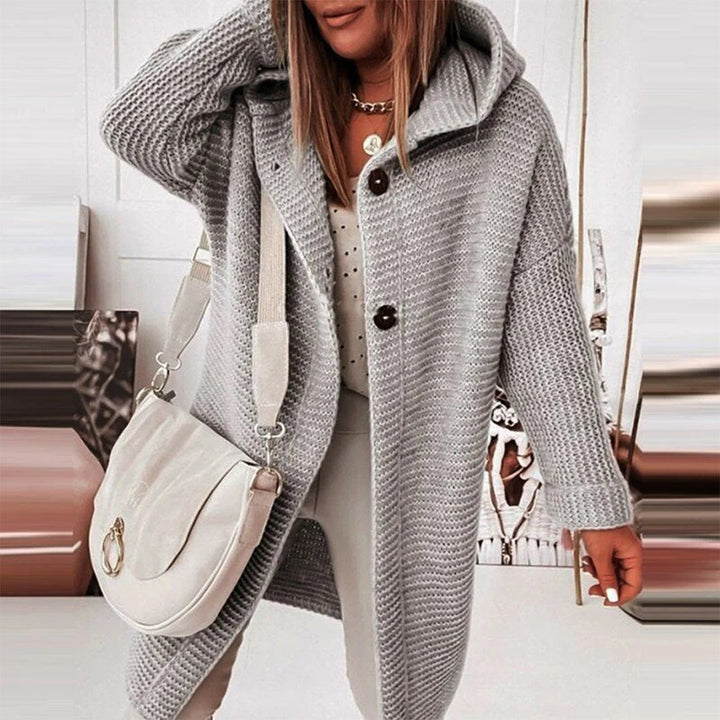 Mid-Length Knit Cardigan with Buttons and Hood | Mila-Grey-S-State of Style