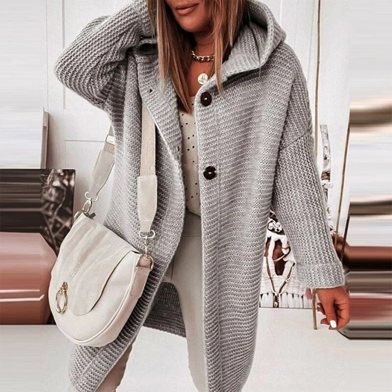 Mid-Length Knit Cardigan with Buttons and Hood | Mila-Grey-S-State of Style