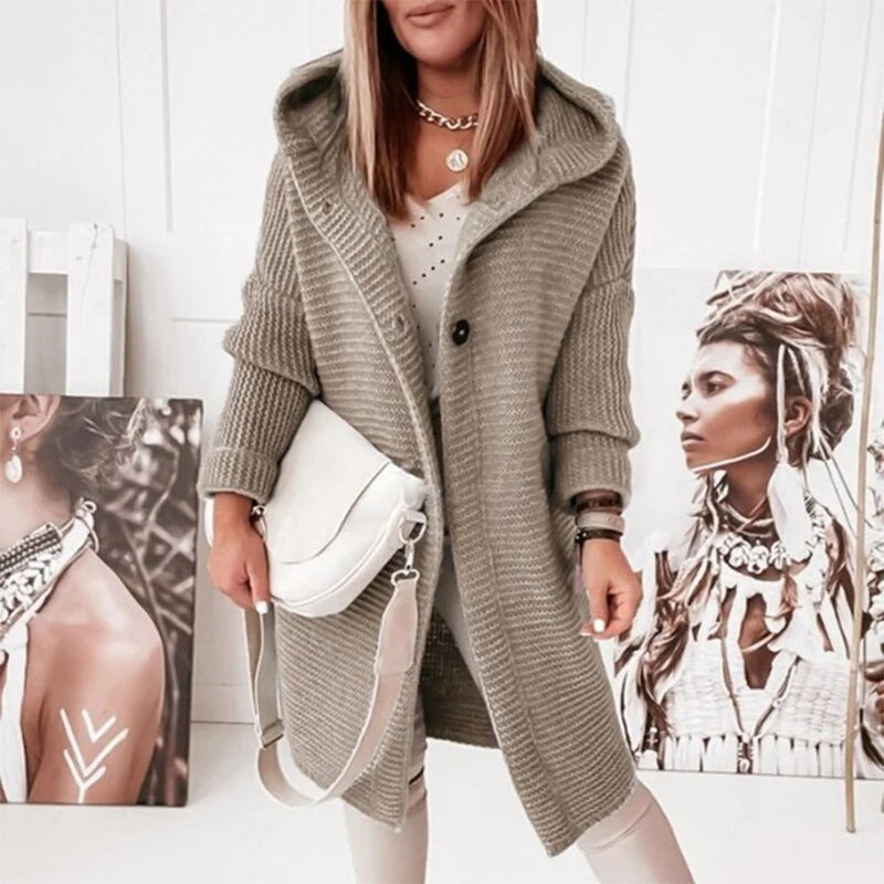 Mid-Length Knit Cardigan with Buttons and Hood | Mila-Khaki-S-State of Style