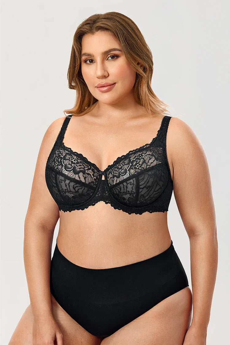 Minimiser Bra with Floral Lace in Plus Size-Red-12B-State of Style
