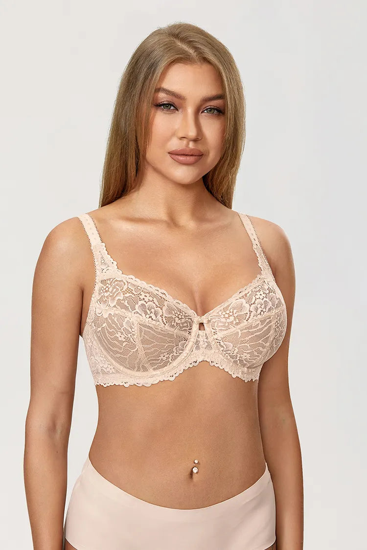 Minimiser Bra with Floral Lace in Plus Size-Red-12B-State of Style