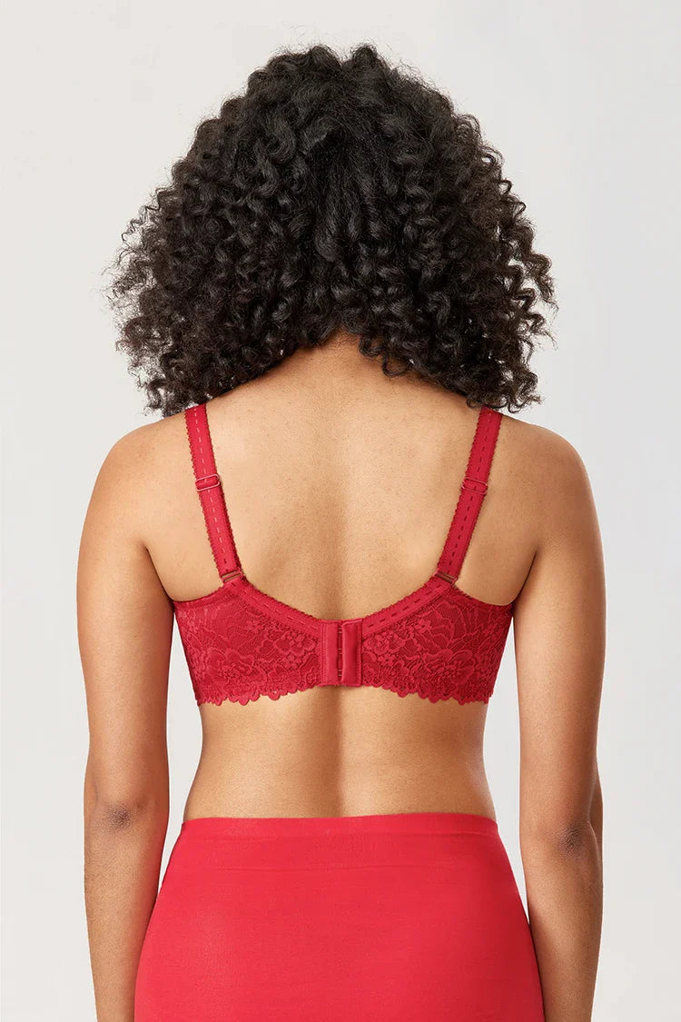Minimiser Bra with Floral Lace in Plus Size-Red-12B-State of Style