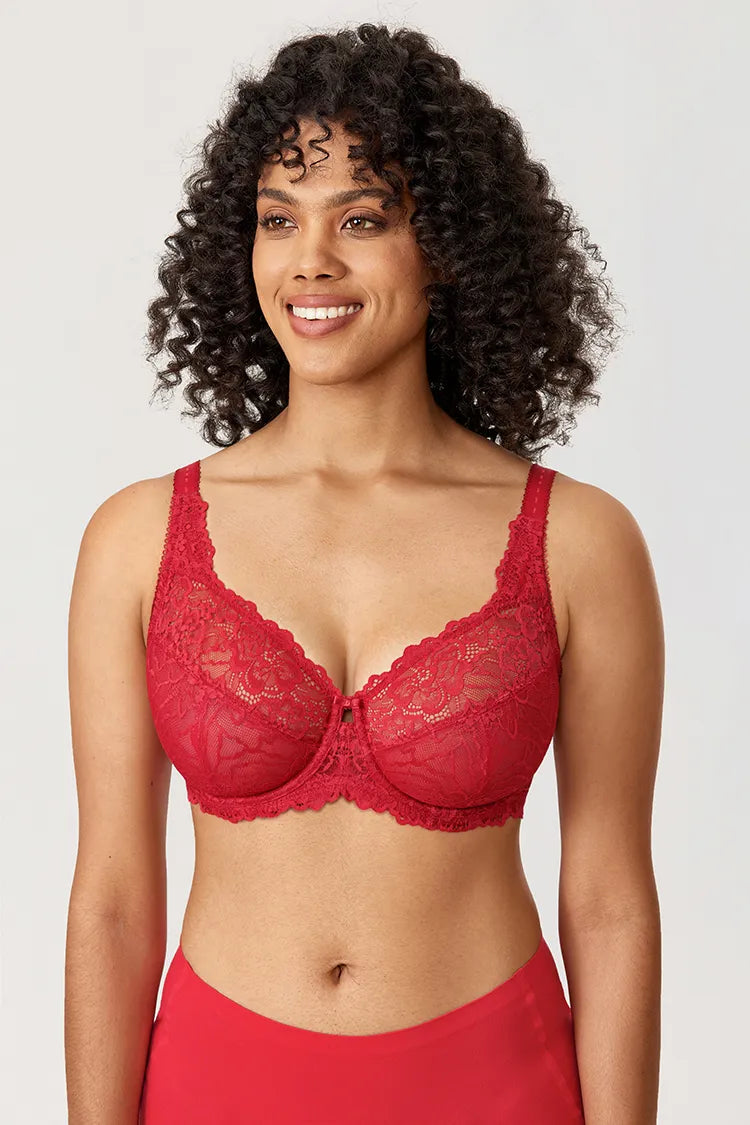 Minimiser Bra with Floral Lace in Plus Size-Red-12B-State of Style