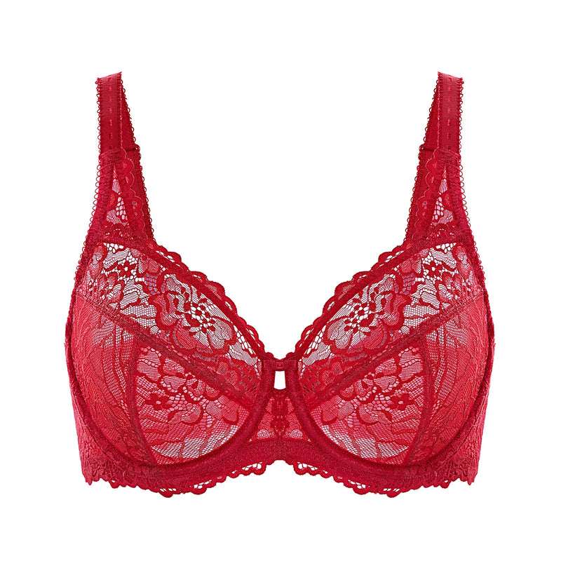 Minimiser Bra with Floral Lace in Plus Size-Red-12B-State of Style