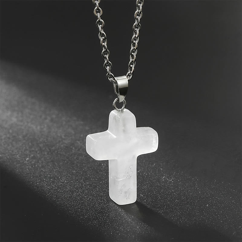 Necklace with Cross of Natural Gemstones - Seraphina-Clear crystal-State of Style