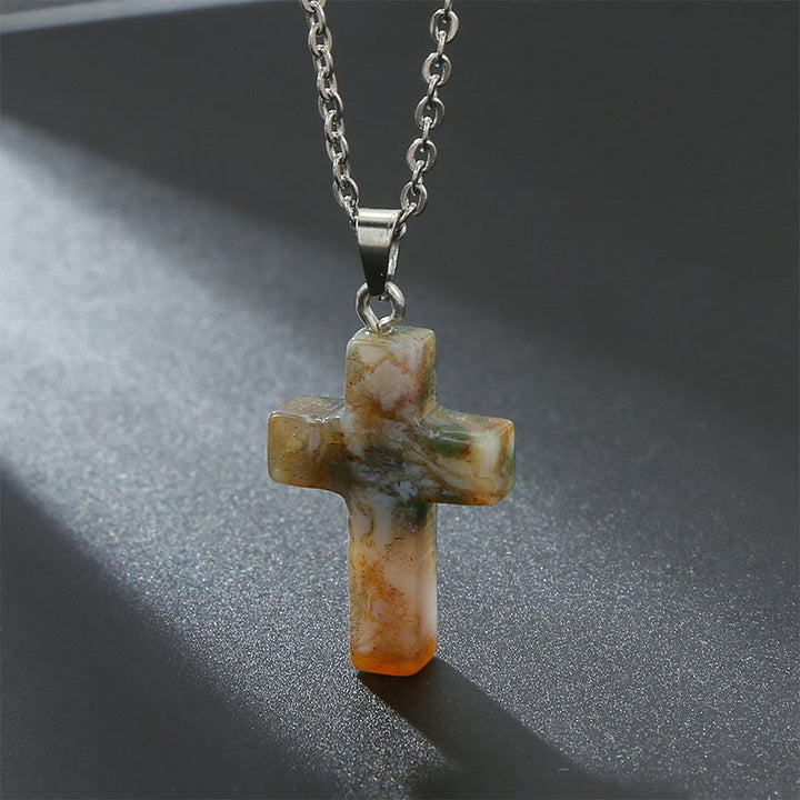 Necklace with Cross of Natural Gemstones - Seraphina-Indian agate-State of Style